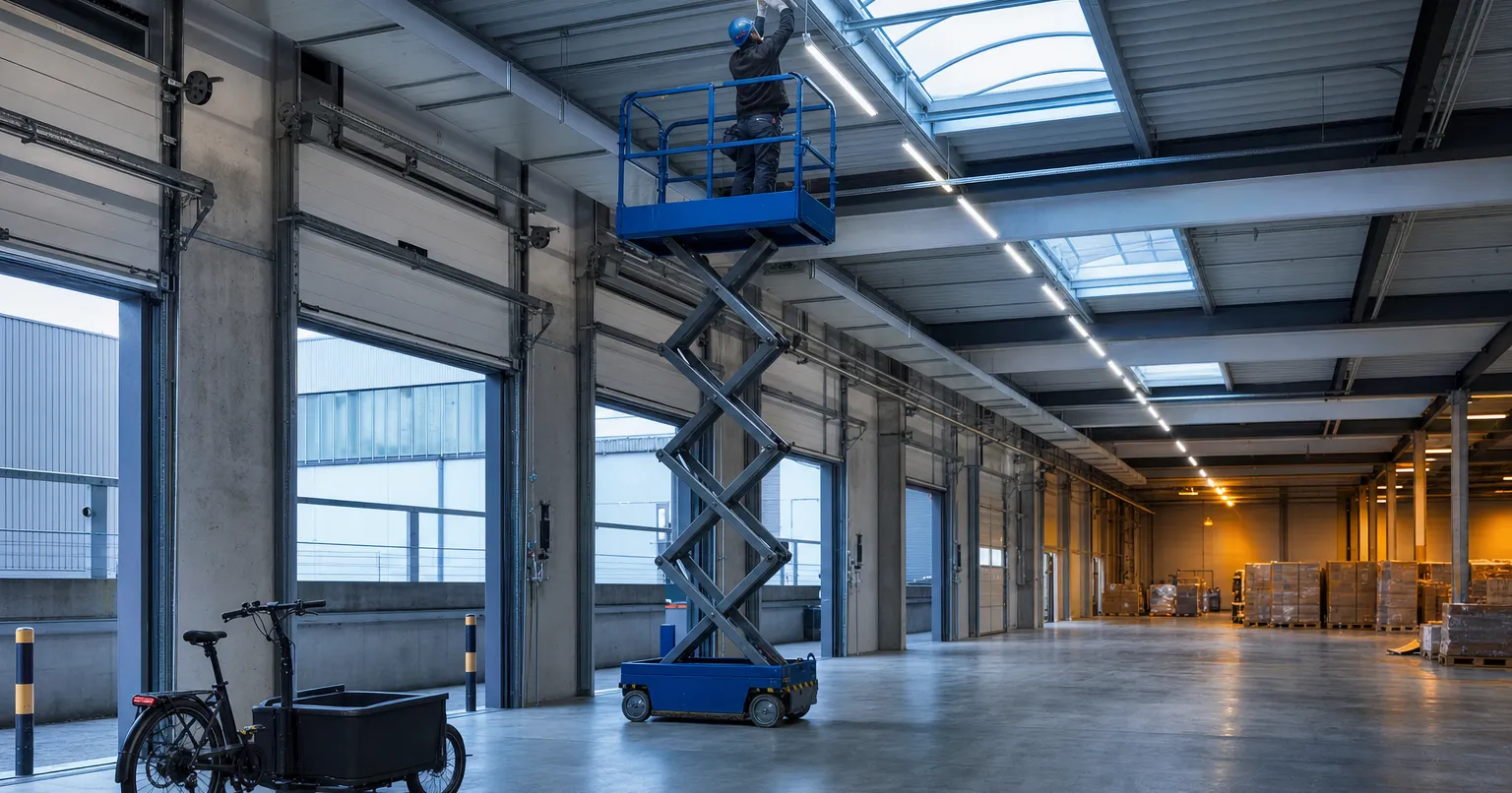 Technicien installant des luminaires LED dans un entrepôt logistique, avec un vélo-cargo électrique stationné près des quais de chargement