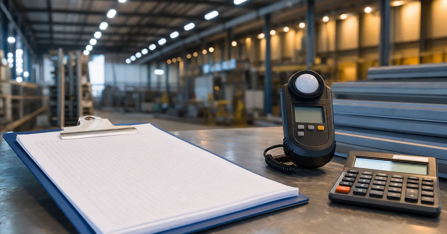 Instruments de mesure et documents d'audit posés sur un établi, sous des luminaires LED industriels allumés en arrière-plan